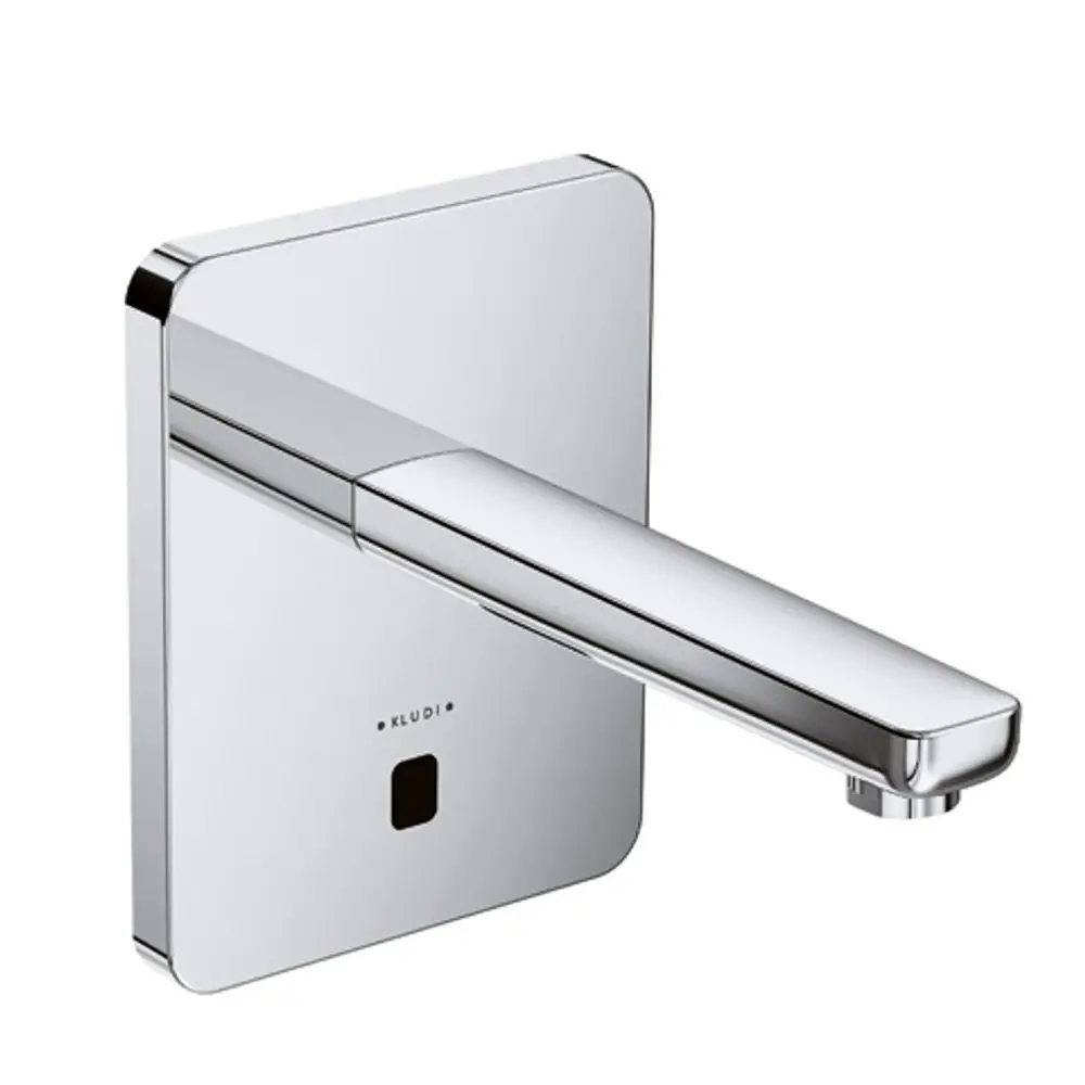 Wandarmatur in chrom mit eckigem Design, ohne Mischhebel, von Kludi. Die Armatur hat einen langen Auslauf und wird an der Wand montiert.